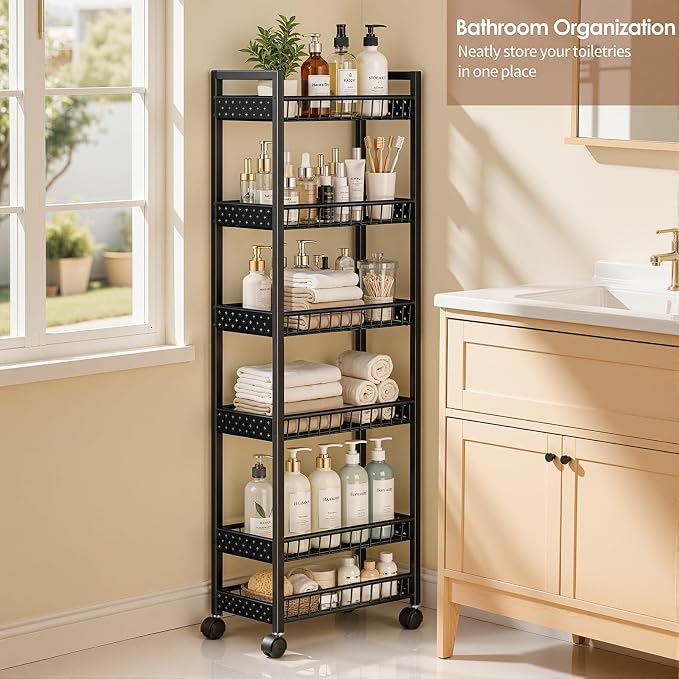 6 Tier Slim Storage Cart, Narrow Rolling Cart with Wheels, Narrow Mobile Utility Shelf Unit Organizer for Kitchen, Bathroom, Laundry Room, Living Room, Small Places, 6in(W), Black