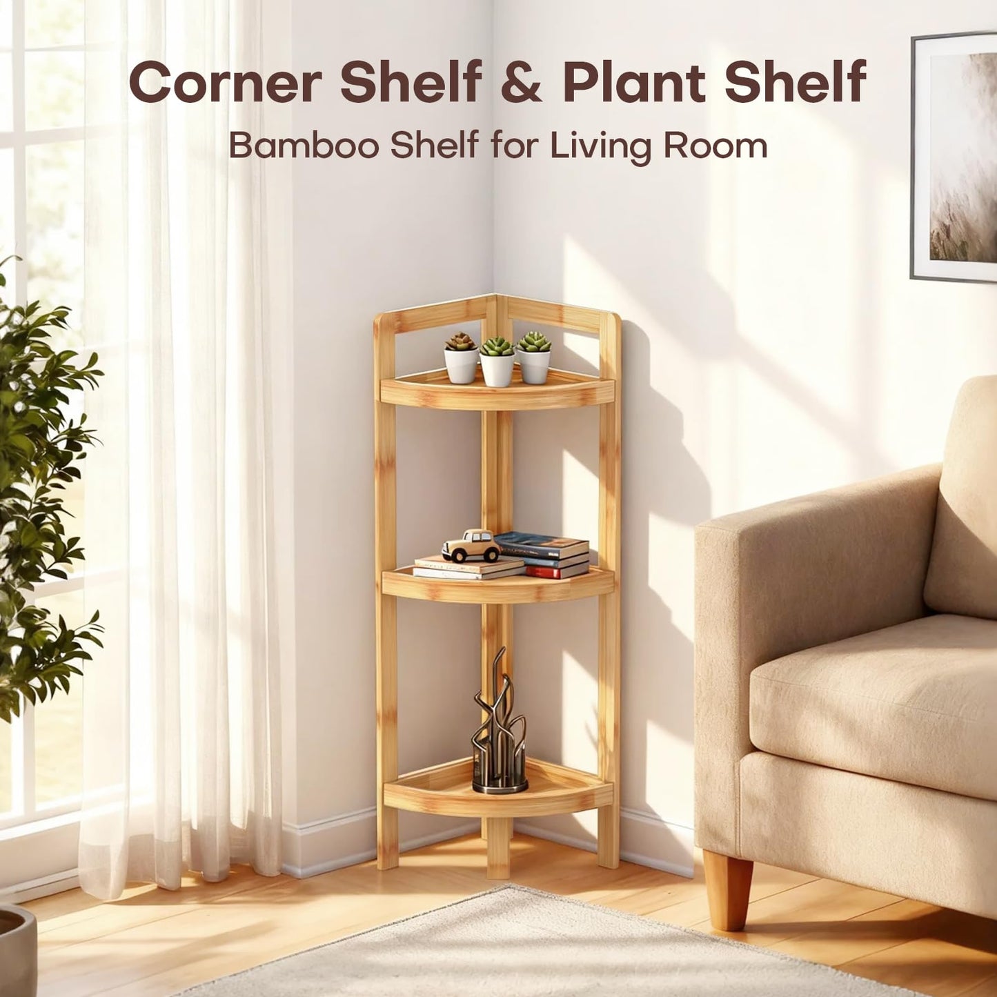 2026 New Bamboo Standing Shelf, 3 Tier Corner Shelf Stand, Free-Standing Shelf Units, Triangular Curved Corner Shelf Stand for Space-Saaving Display Ideal for Bathroom/Kitchen/Living Room Storage