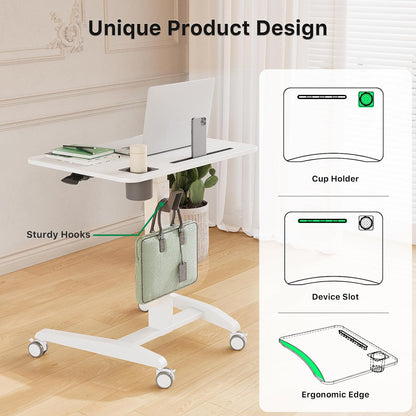 Mobile Standing Desk, Height Adjustable Rolling Laptop Desk, 27 inches Portable Sit Stand Desk with Wheels and Hook, Pneumatic Computer Table, White