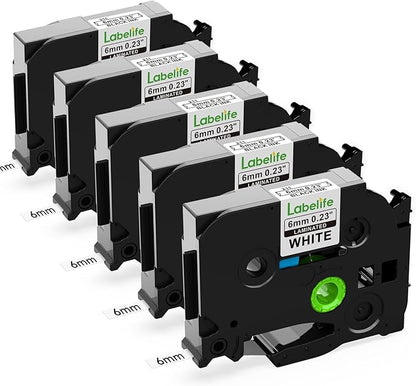 Labelife 6mm Label Tape TZe-211 Replacement for Brother P Touch TZe TZ Tape 6mm 0.23 Laminated White Label Tape TZe211 TZ-211 for Brother Label Maker PT-D210 PT-D220 PT-H110 PT-D200, 1/4 Inch, 5-Pack