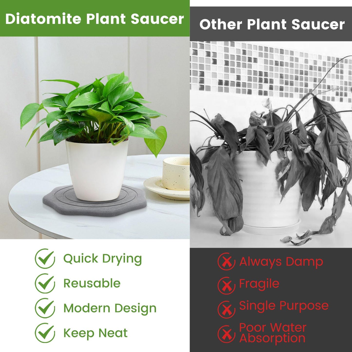 seaflash Plant Saucer for Indoors, 2 Packs 8 inch, Diatomaceous Earth Pot Saucers No Holes, Instant Dry Plant Drainage Trays for Pots, Dark Gray