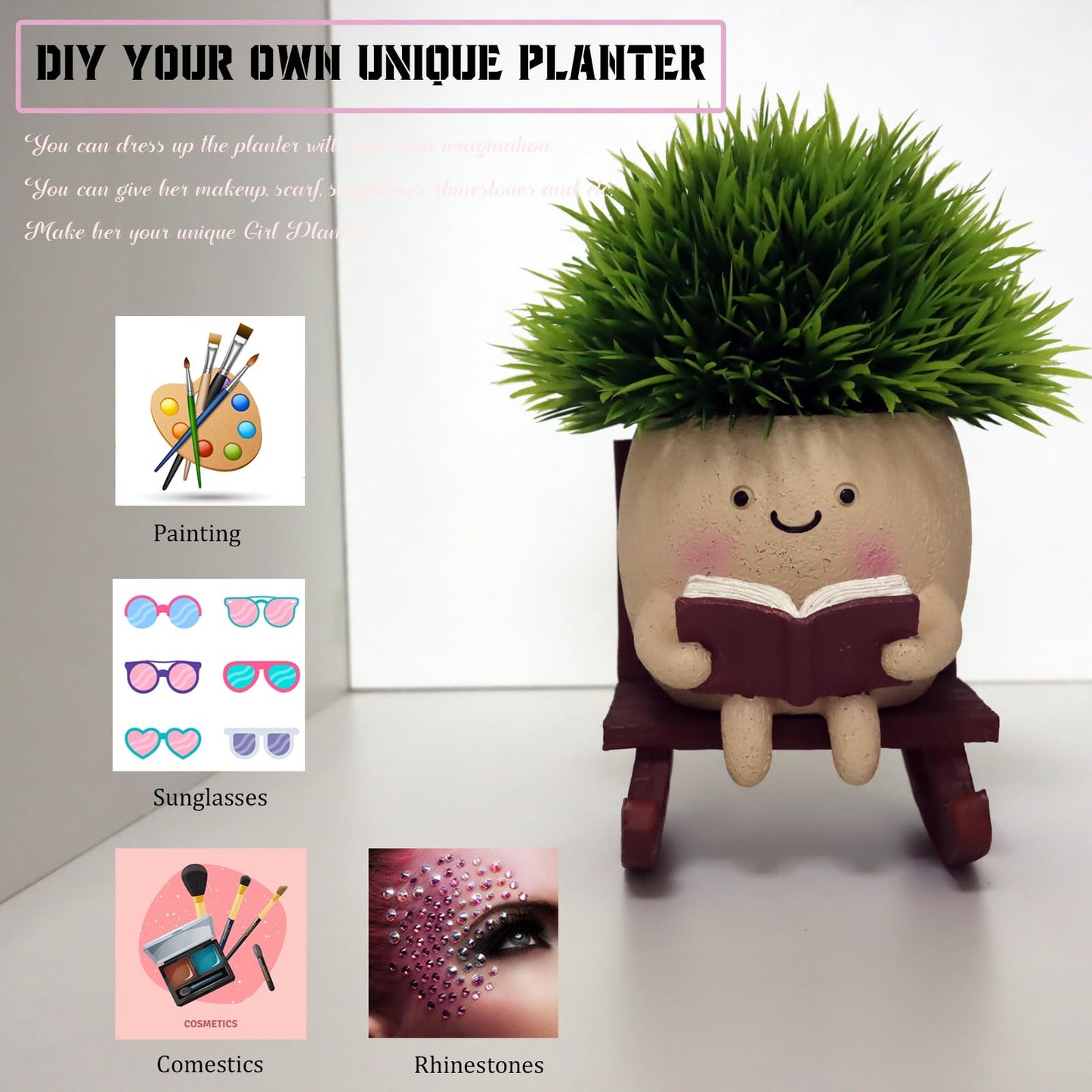 Dolkgy Cute Face Planters Succulent Pots, Funny Rocking Chair Reading Head Flower Planter Cactus Pot with Drainage Hole for Indoor Outdoor Plants, Unique Plant Lover Gifts