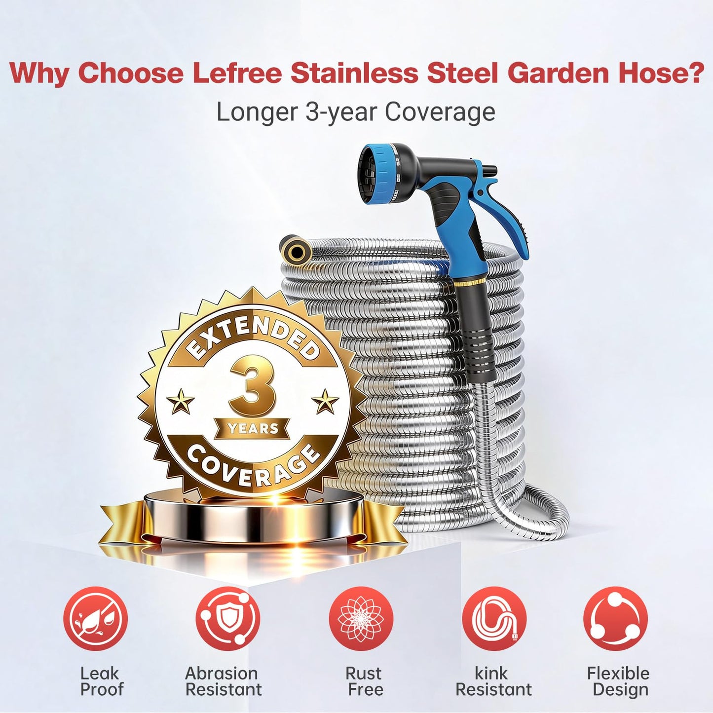 Lefree 100ft Metal Garden Hose - Heavy Duty 304 Stainless Steel Flexible Water Hose, No Kinks & Leak-Proof with Upgraded Handle, 10-Function Spray Nozzle & 4 Spare Gaskets for Yard, RV, Pet Bath
