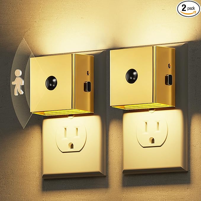 L LOHAS LED Night Light,Plug in Night Light with Motion Sensor and Dusk to Dawn Sensor, Brightness Adjustable,3000K Soft White, Gold Nightlight for Bathroom Hallway Kitchen