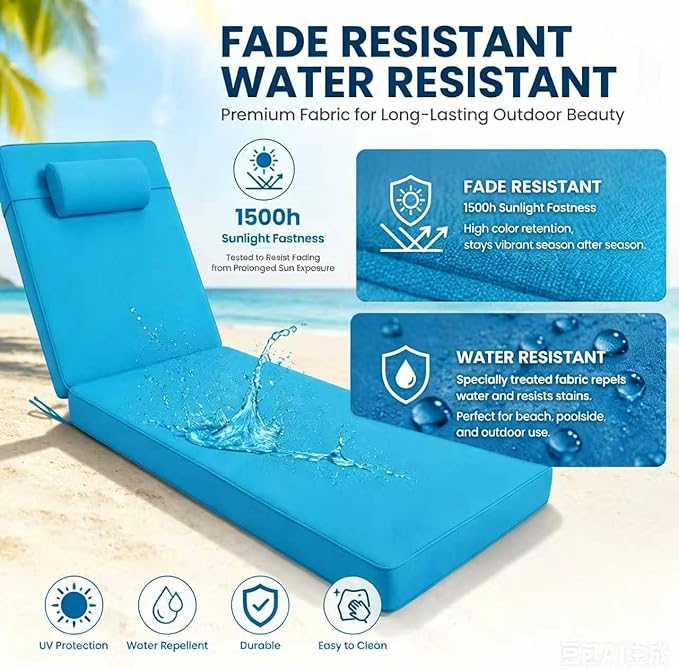 Chaise Lounge Cushion for Outdoor Furniture, Waterproof, Fade-Resistant and