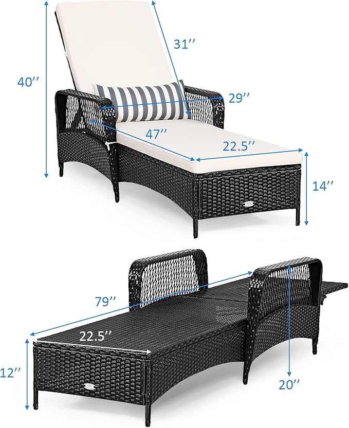 COSTWAY PE Rattan Chaise Lounge Chair Armrest Recliner Adjustable Pillow Black