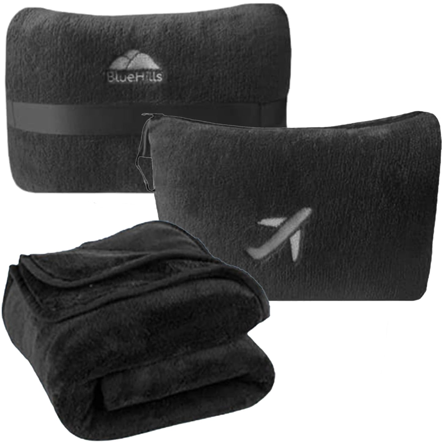 BlueHills Travel Blanket Pillow in Mini Soft Packable Case Premium Plush Airplane Blanket in Portable Compact Pack with Luggage Belt and Carabiner Long Flight Throw Essentials Lightweight- Black M05