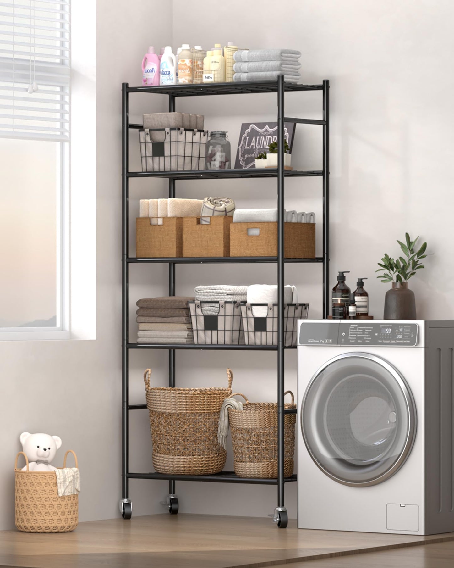 Sakugi Storage Shelves Organizer - 5 Tier Metal Shelf Organizer with Metal Wheels and Adjustable Leveling Feet, Heavy Duty Garage Shelving for Kitchen, Pantry and Closet, 33.1"x12.6"x73.5", Black