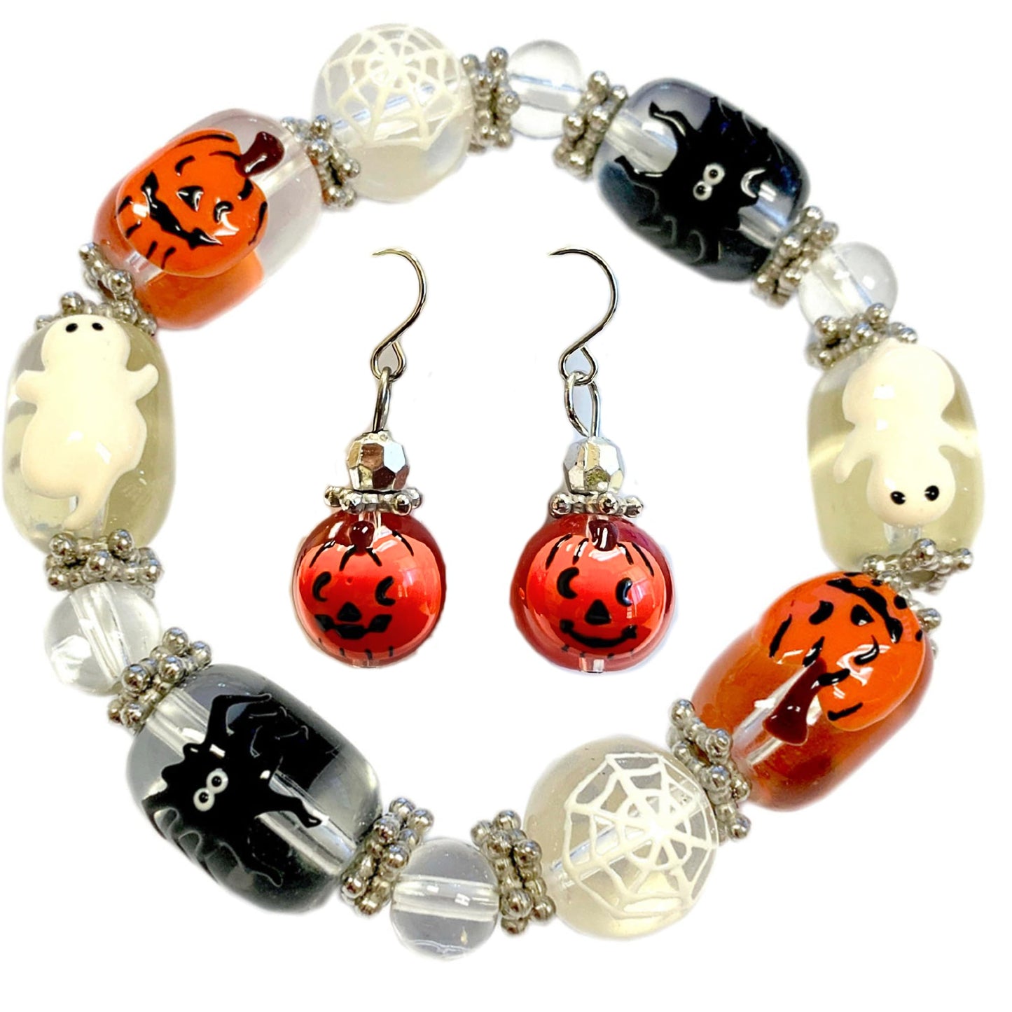 Halloween Bracelet Earrings Set for Women, Spooky Jack O' Lantern Spider Web Ghost Jewelry, Halloween Birthday Gift for Her, 1 set