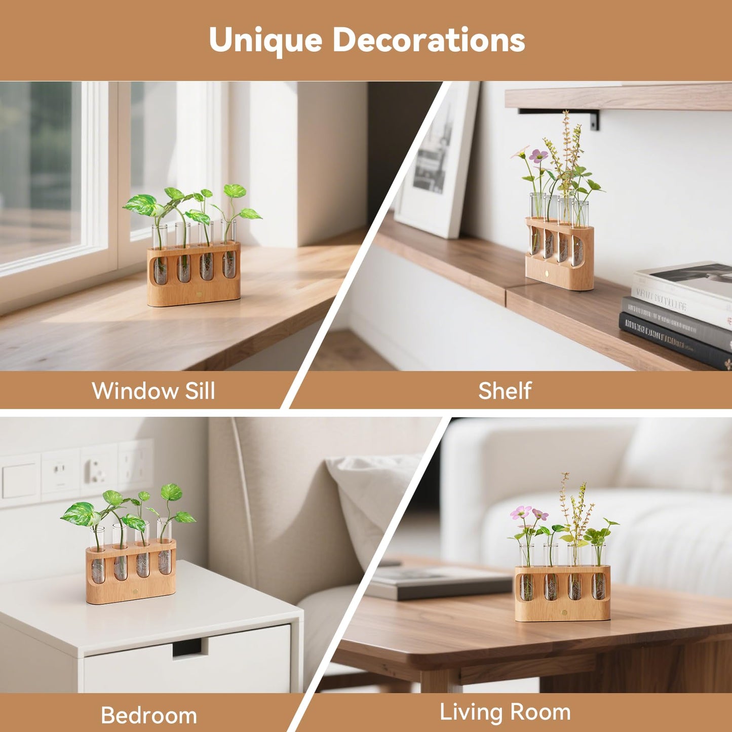Giunn Rechargeable Plant Propagation Station with Stepless Dimming LED Light, Wooden Stand, 4 Glass Test Tubes, Home Decor for Hydroponic Plants, Unique Gifts for Women & Plant Lovers
