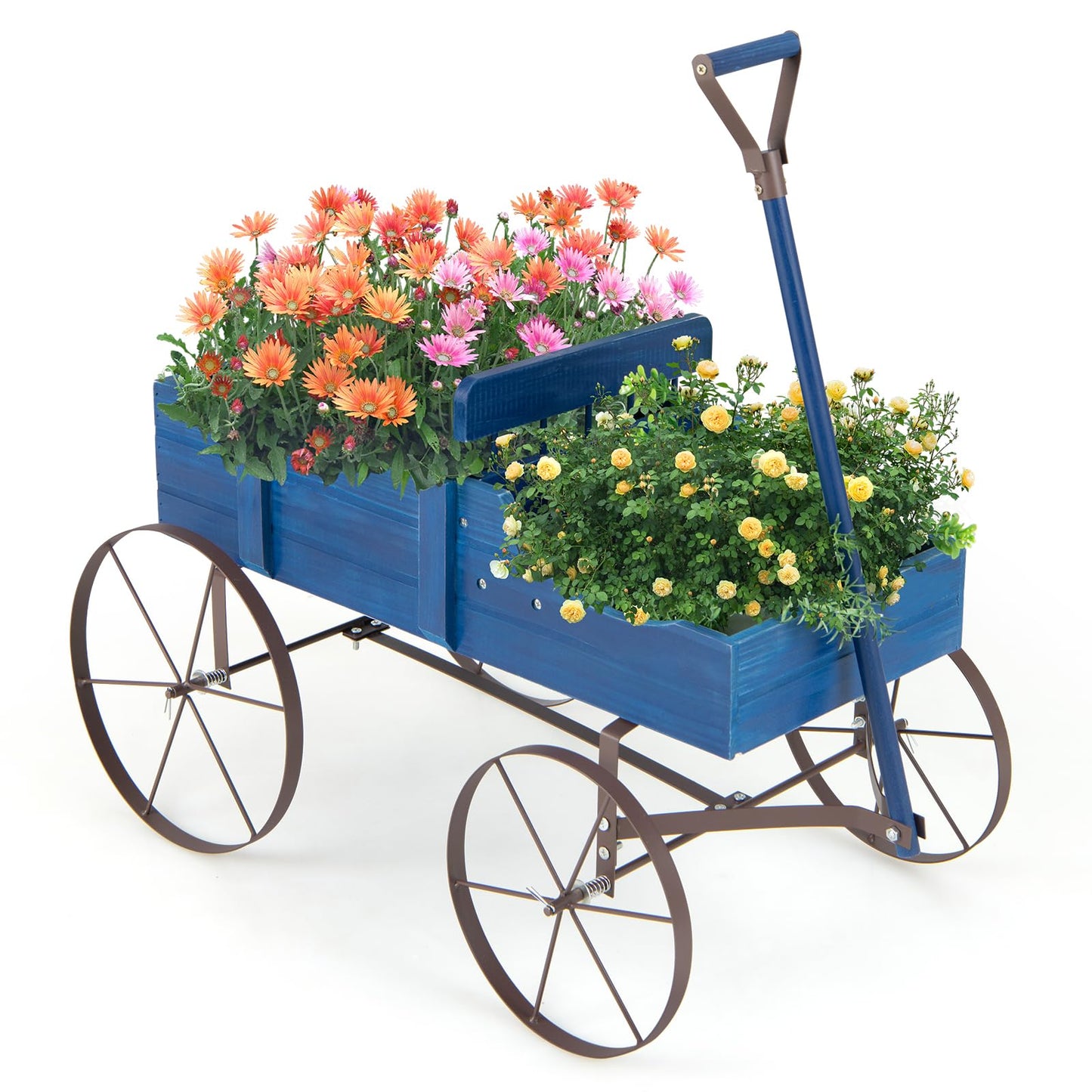 Giantex Decorative Garden Planter, Small Wagon Cart with Metal Wheels, Wood Raised Beds Plant Pot Stand for Backyard Garden Patio 24.5”Lx13.5”Wx24”H (Blue)