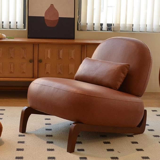 KEIKI Accent Chair with Solid Wood Legs, Faux Leather Single Seat Sofa