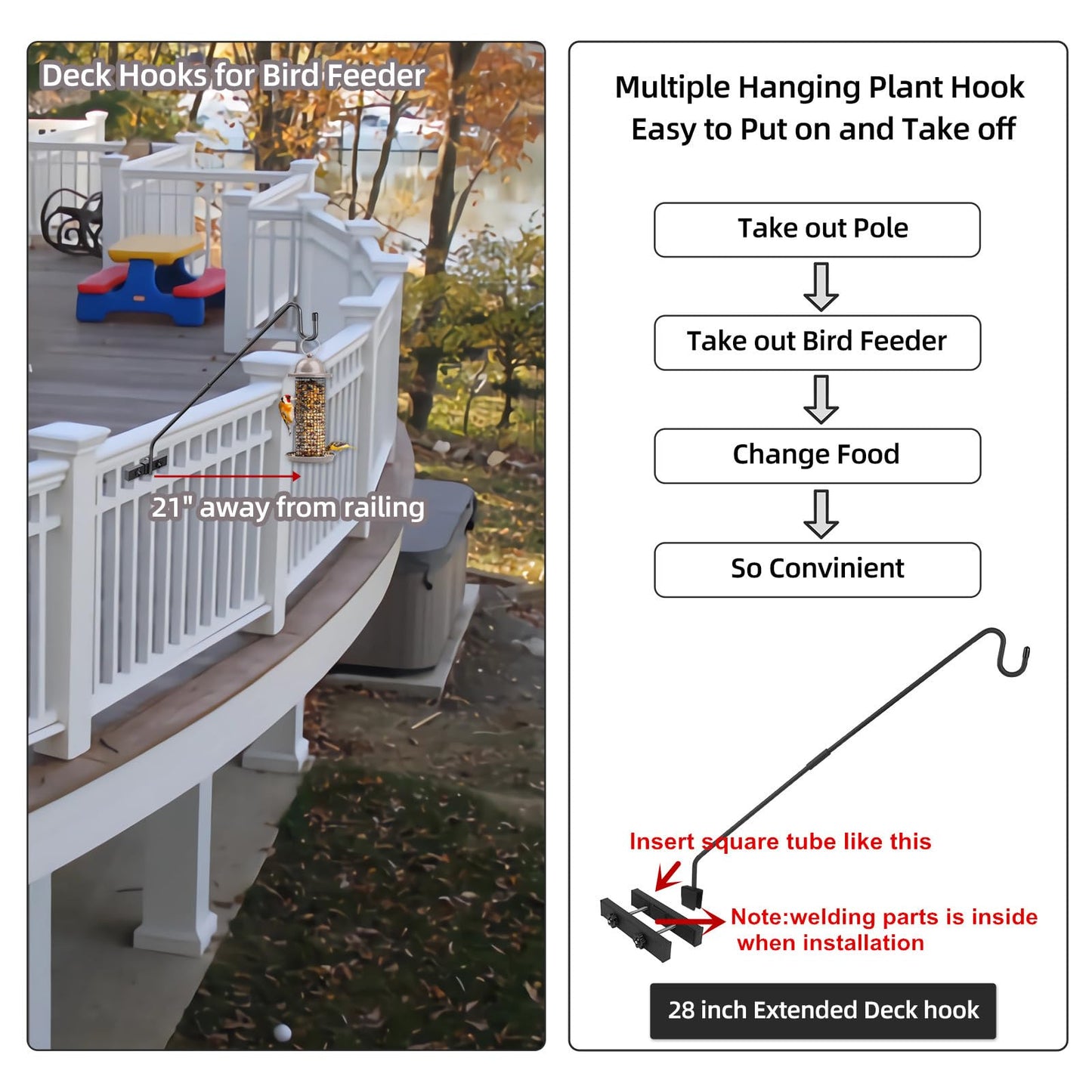 Monalife Deck Hook Railing Mount - Heavy Duty Metal Shepherds Hook Bracket for Outdoor Plant Hanger, Bird Feeder Hanger, Plant Hooks, Flower Baskets, Lanterns - 360° Rotating Pole, Extended Arm