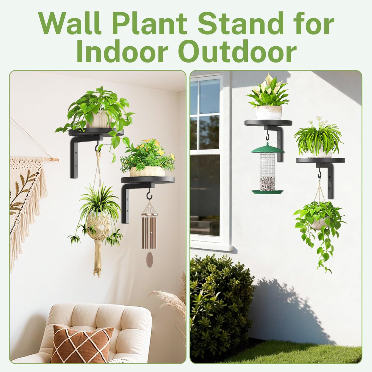 iDavosic.ly Wall Plant Holder Set of 2 for Indoor Outdoor, Metal Hanger with 2 Hooks, Floating Flower Display Stand for Window, Space Saving & Easy to Assemble (Pots/Chains/Plants Not Included), Black