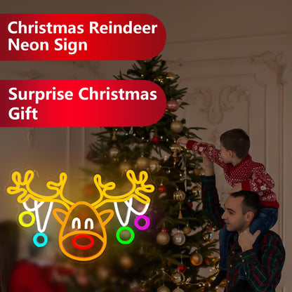 Christmas Reindeer Neon Sign Dimmable Elk Neon Light Sign for Wall Decor Christmas Neon Window Lights, Deer Neon Sign for Bedroom Living Room LED Reindeer Christ-mas Party Decoration