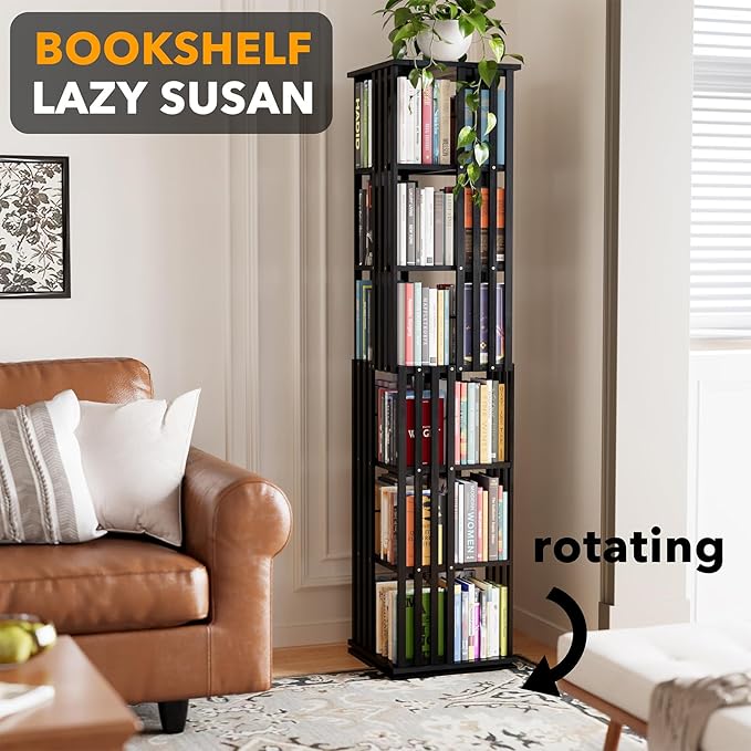 SpaceAid 6 Tier Rotating Bookshelf Tower, Bamboo Spinning Book Shelf, Revolving
