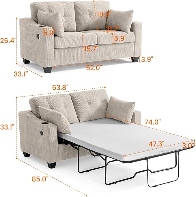 Full Size Pull Out Sleeper Sofa Bed, 2-in-1 Convertible Corduroy Pull Out Couch