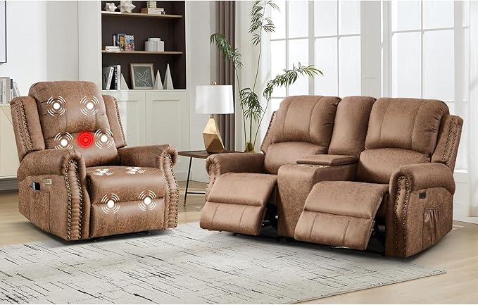 EBELLO 2-Piece Manual Recliner Sofa Set, Faux Leather Message Single Recliner