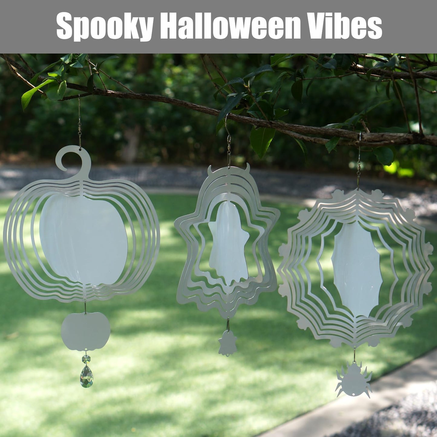 4Pack 8 inch Sublimation Wind Spinner Blanks 3D Aluminum Metal Wind Sculpture Kinetic Spinners for Yard and Garden Indoor Art Ornaments Hanging Decoration (Halloween Ghost)