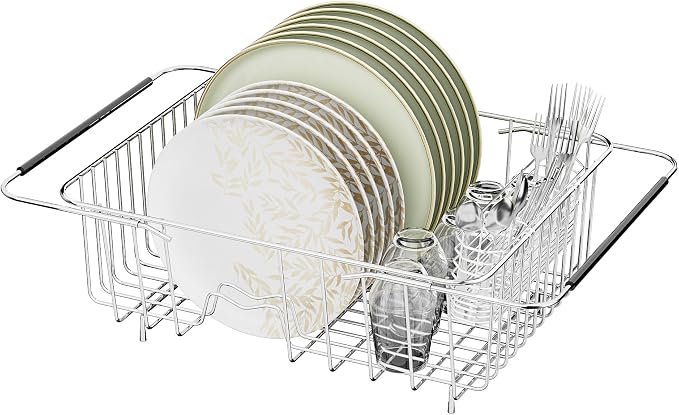 JAQ Over Sink Dish Drying Rack for Medium to Large Sink, Expandable 15.08"–22.4", Adjustable 304 Stainless Steel Dish Drainer with Utensil Holder, Large Capacity Holds Up to 13 Plates