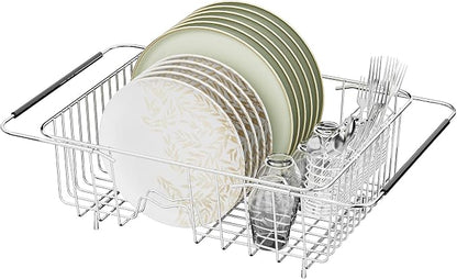 JAQ Over Sink Dish Drying Rack for Medium to Large Sink, Expandable 15.08"–22.4", Adjustable 304 Stainless Steel Dish Drainer with Utensil Holder, Large Capacity Holds Up to 13 Plates