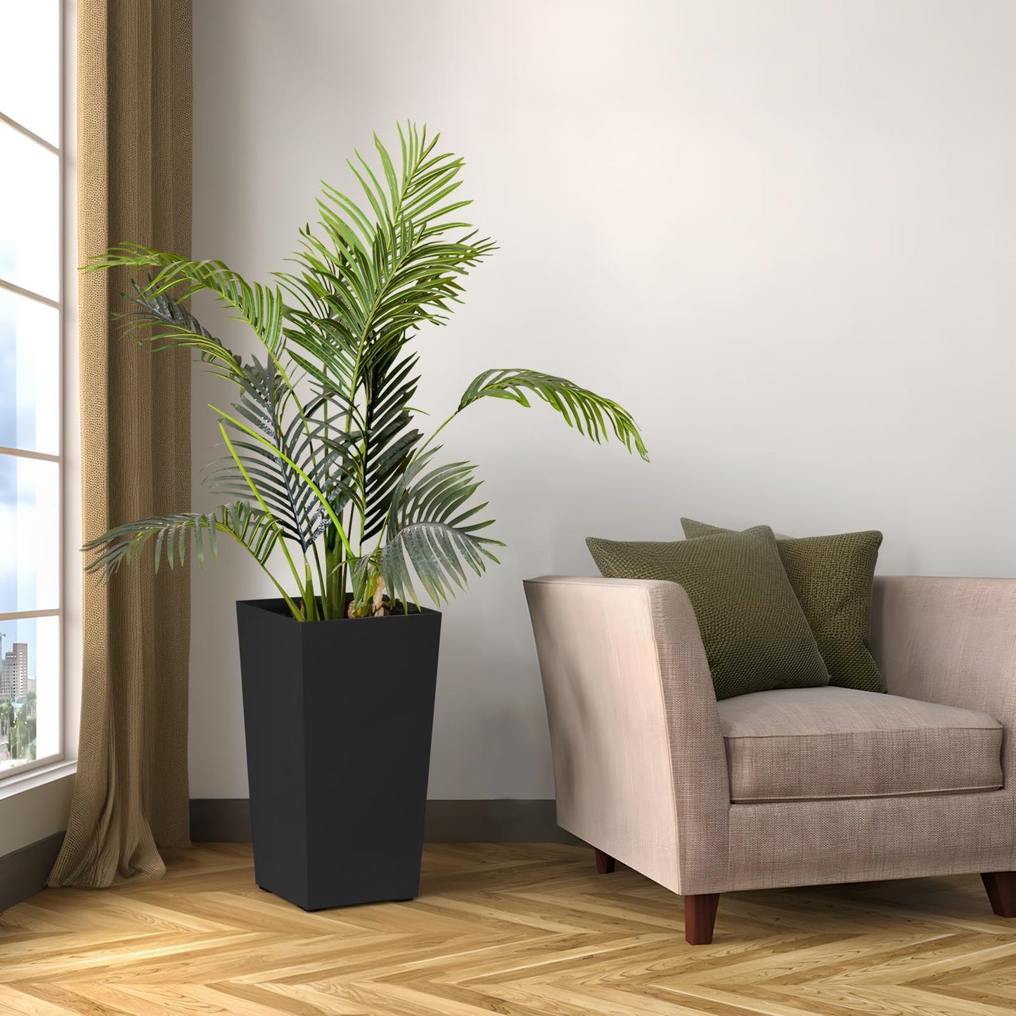 hatleues Resin Tall Planters Set of 2 Tall Flower Pot for Outdoor Indoor Plants, Flower Pots with Water Level Window & Drainage Tray, Dual-Buckle Design for Porch, Balcony, Deck,Modern Decor Black 2