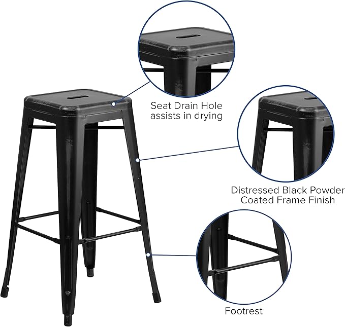 Flash Furniture Kai Commercial Grade 4 Pack 30" High Backless Distressed Black