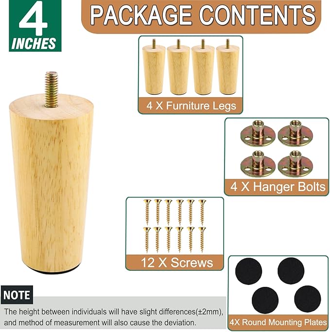 Yaliuliu 4 Inches Round Solid Wood Furniture Legs Set of 4, Natural Wooden