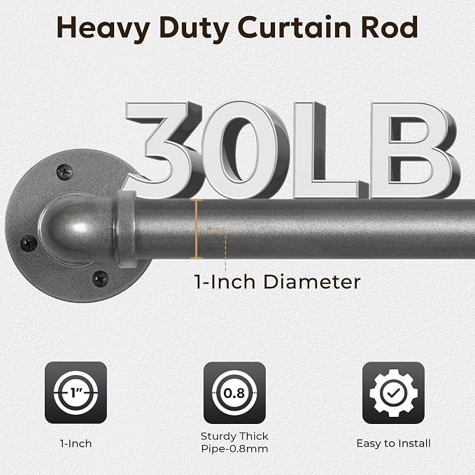 Zeerobee Curtain Rods for Windows 72 to 144, 1 Inch Industrial Wrap Around Grey Curtain Rod, Indoor/Outdoor Room Divider Adjustable Drapery Pole, 72"-144"