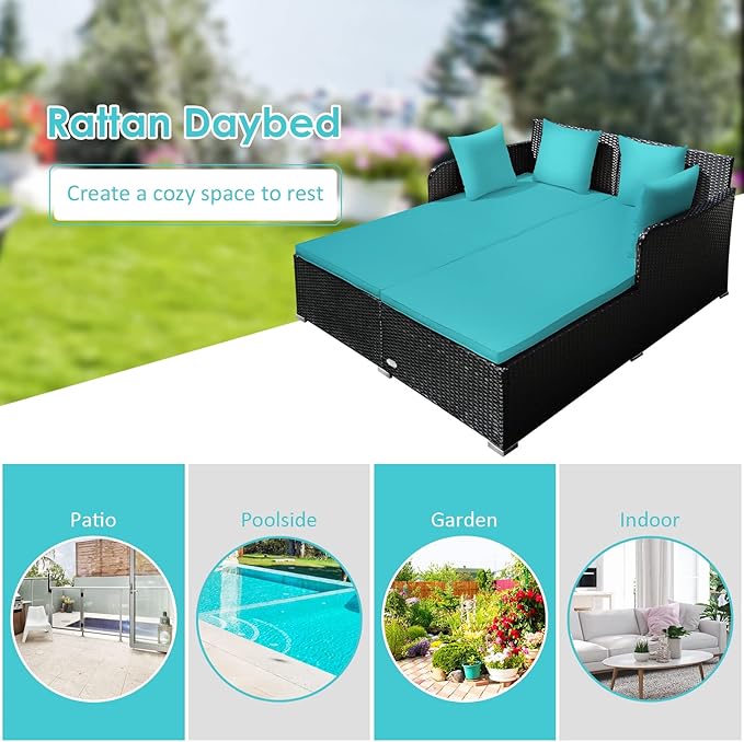 COSTWAY Outdoor Patio Rattan Daybed, Sponge Cushioned Loveseat Sofa