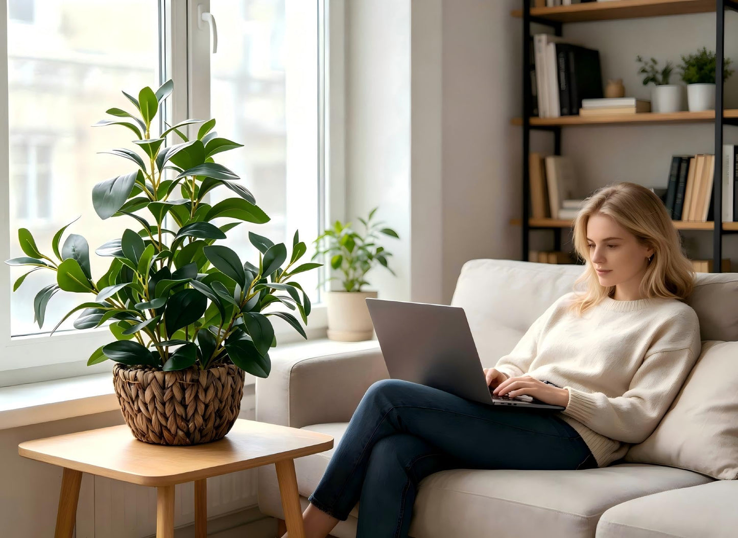 AlphaAcc 18.8 Inch Artificial Ficus Plant Indoor Faux Greenery Potted in Rattan Woven Basket Planter with Decorative Pebbles Realistic Fake Plant for Home Living Room Office Table Desk Shelf Decor