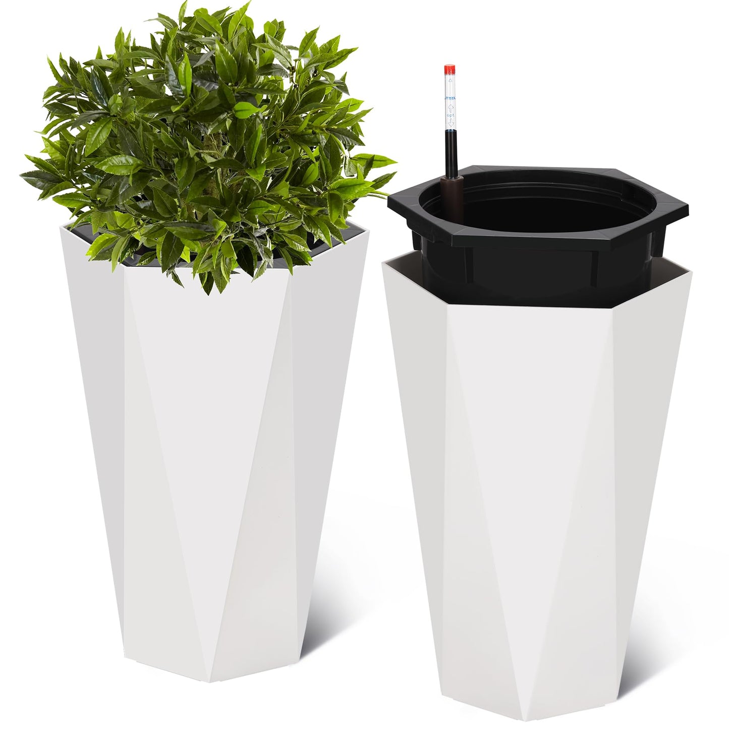 GarveeLife 22.5 in Tall Diamond Planters Set of 2, Self Watering Planters with Water Level Monitor, Flower Pots Outdoor and Indoor for Patio, Porch, Living Room, Home Office, White