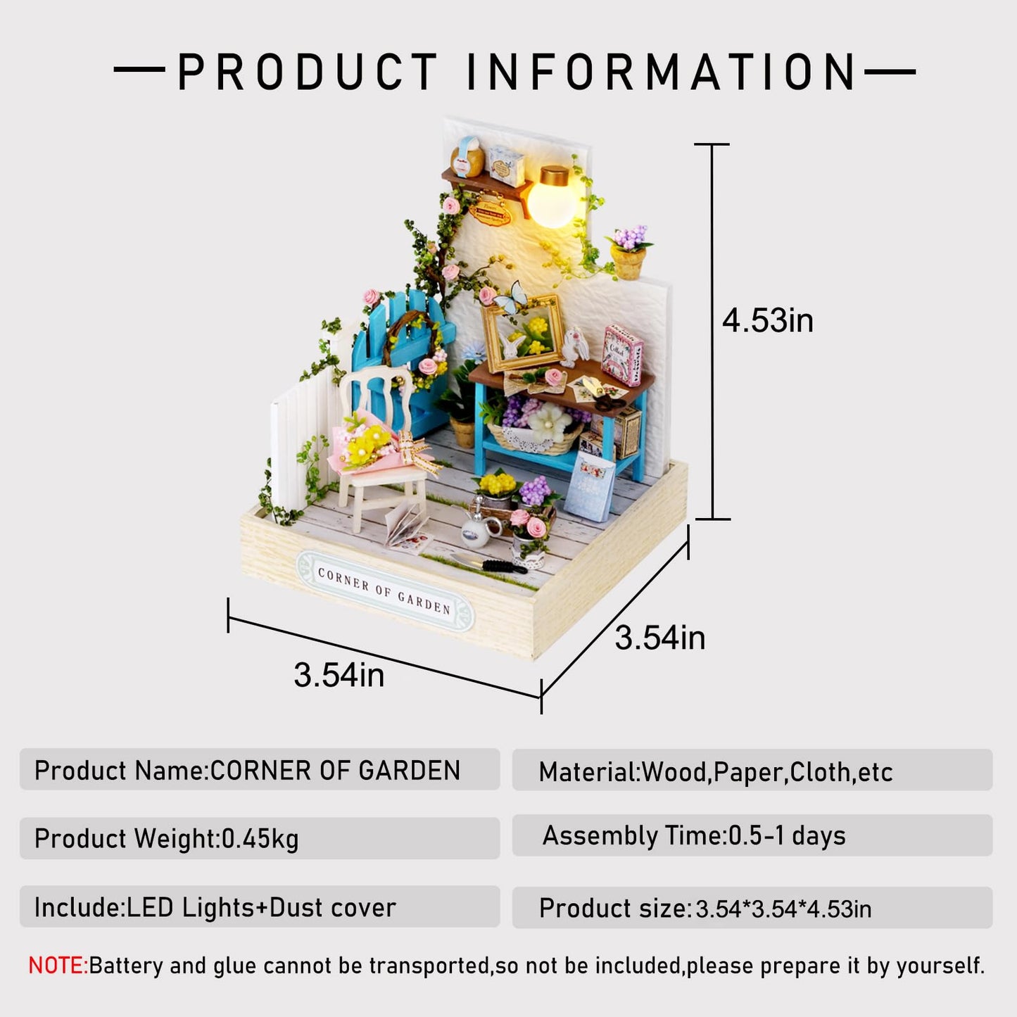 CUTEROOM DIY Doll House Miniature Furniture Wooden House Kit with Dust Cover & LED Light and Accessories -Corner of Garden