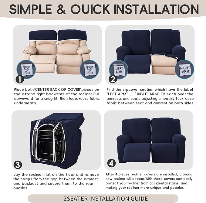 Recliner Loveseat Covers, 4-Piece Stretch Geometric Strokes Jacquard Reclining