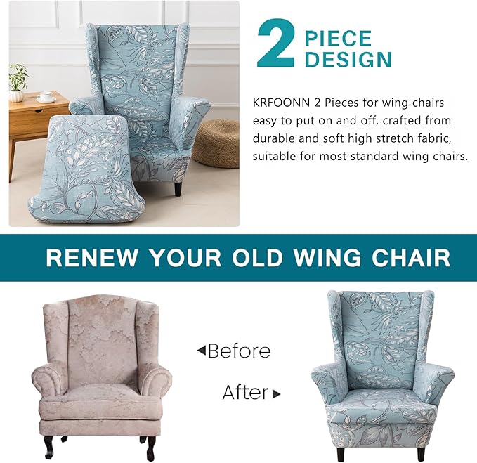 KRFOONN Velvet Wing Chair Slipcovers 2 Piece Stretch Printed Wingback Chair