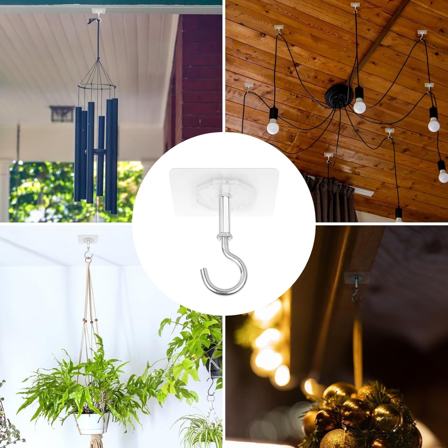 Dlilise Adhesive Ceiling Hooks, 4 Pack 30lbs Super Heavy Duty for Hanging Plants, Ceiling Hooks, Strong No Drill Outdoor Sticky Ceiling Hanger, Stick On Hooks for Lights,Wind Chimes,Lantern