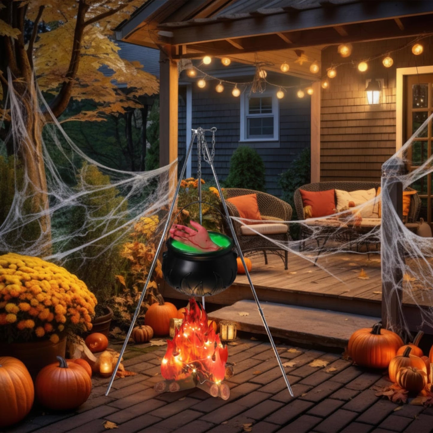 WinnerWhy 9 Pcs Large Witches Cauldron Halloween Decor Set Cauldron on Tripod with Spider Webs Fake Fire String Lights Fake Hand for Halloween Indoor and Outdoor Party Supplies