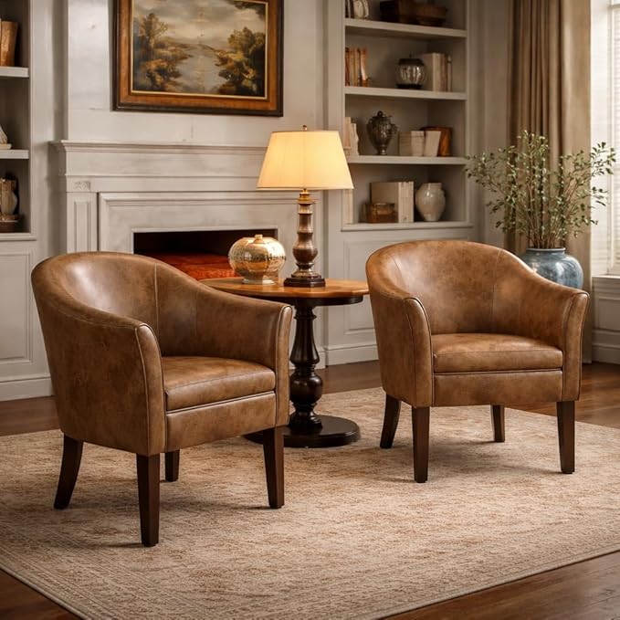 HomePop Modern Barrel Accent Chair, Distressed Brown Faux Leather