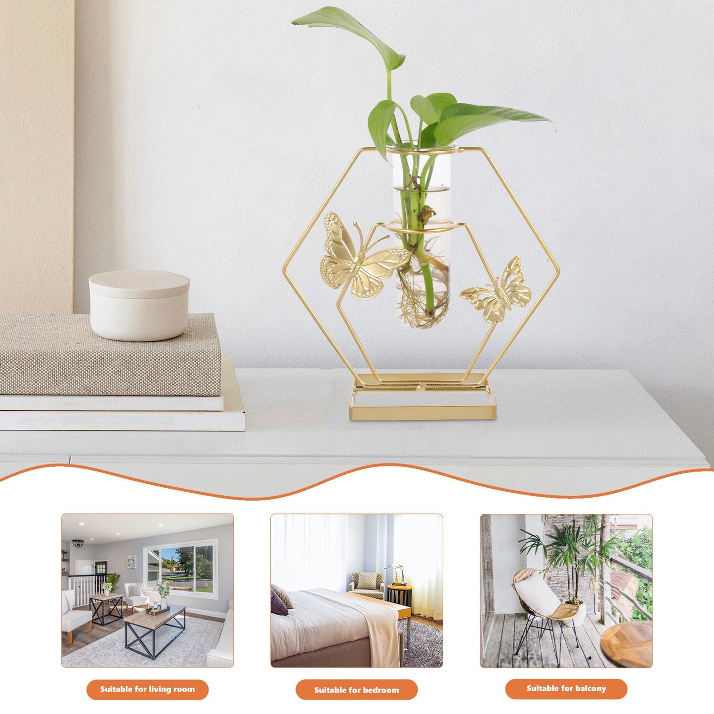 JOINPAYA Hydroponic Glass Flower Vase with Metal Hexagonal Frame, Butterfly Pattern Decorative Desktop Terrarium, Delicate Plant Holder for Home and Office Décor