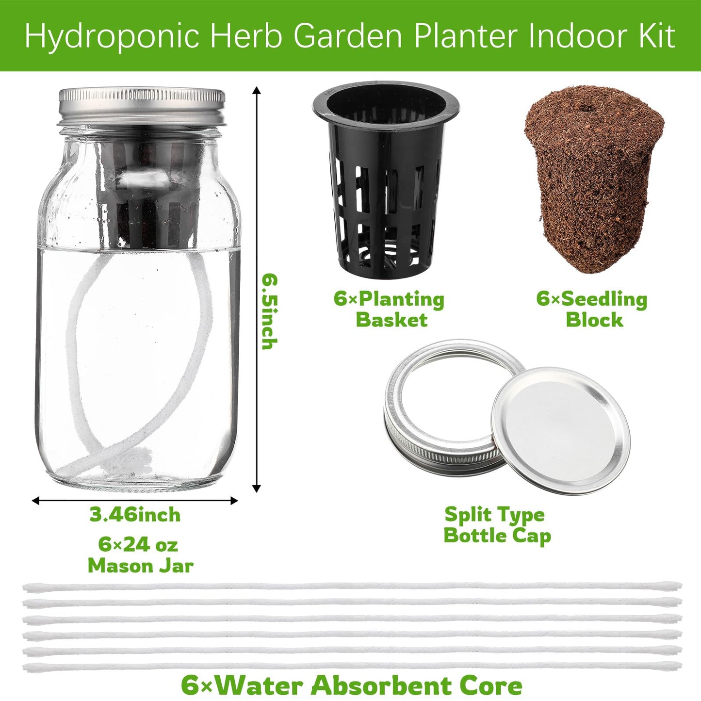 Teenyyou 6 Set Hydroponic Mason Garden Jar Kit Self Watering Herb Hydroponic Planter Starter Kit with Net Pot Garden Flower Plant Growing Gift for Indoor Herbs Windowsill Gardening