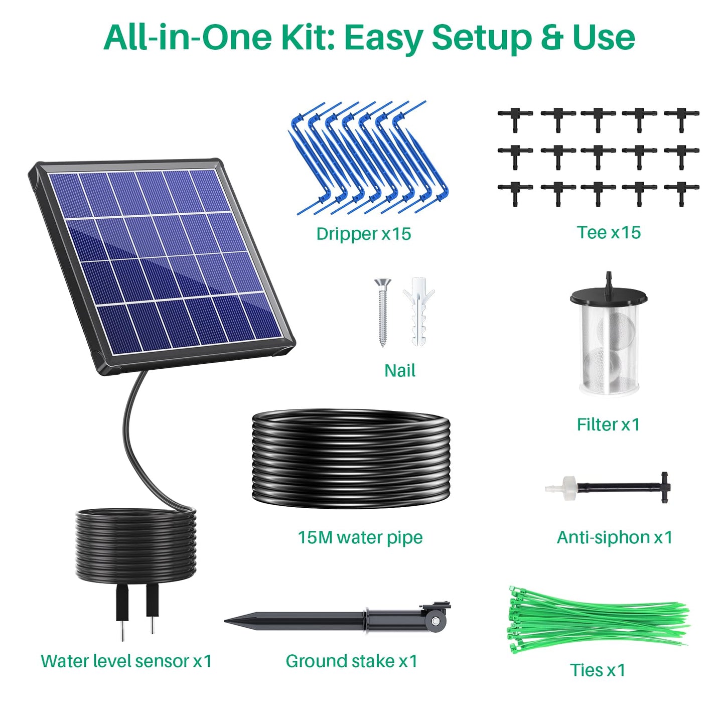 NFESOLAR 3W Solar Automatic Drip Irrigation Kit with LCD Timer, Customizable Watering Duration 1–30min & Interval 3h–7d, Anti-Siphoning Device for Potted Plants, Balcony, Garden, Patio, Vacation