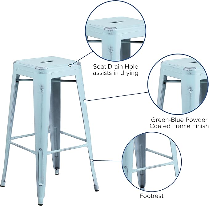 Flash Furniture Kai Commercial Grade 30" High Backless Distressed Green-Blue