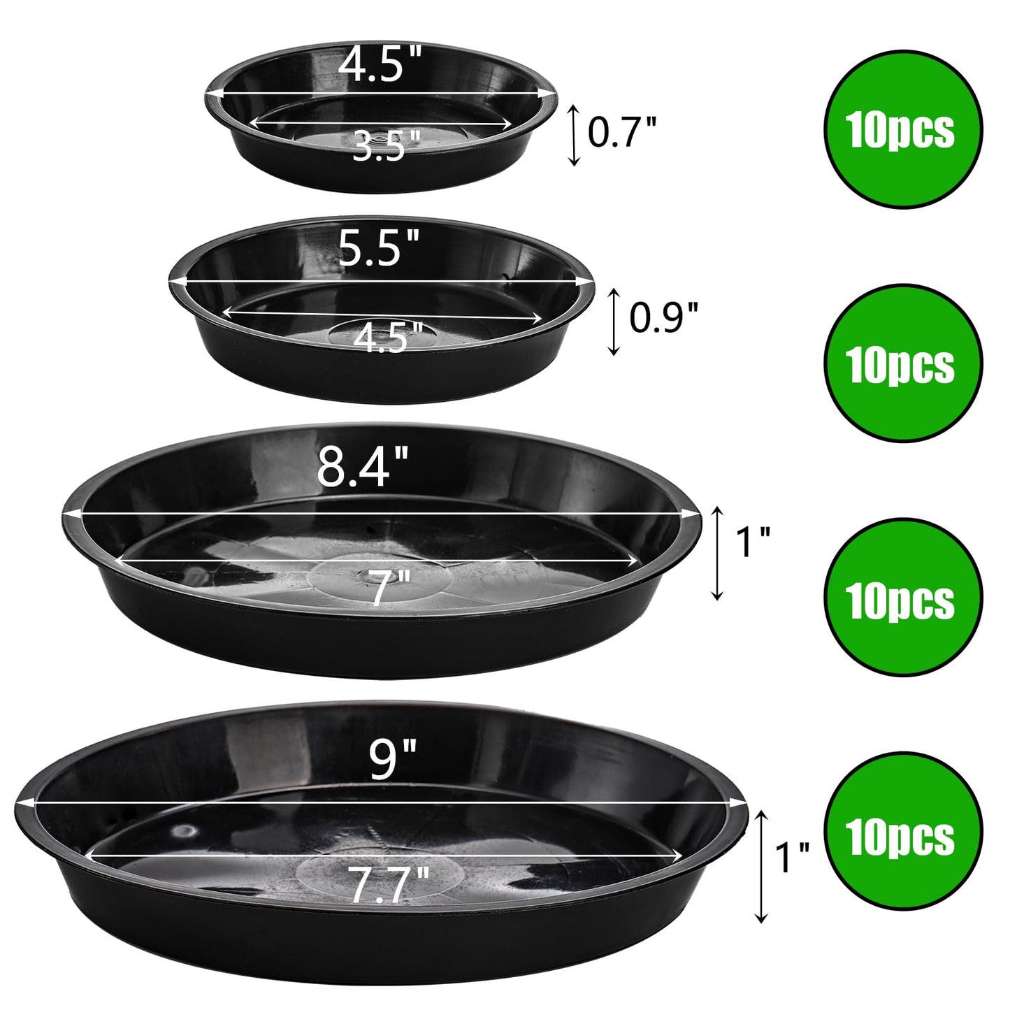 yarlung 40 Pack Plant Saucers, Black Plastic Drip Trays for Flower Pots, Round 4/5/8/9 Inch Plant Drainage Tray for Potted Plants, Indoor Outdoor Garden, 4 Sizes