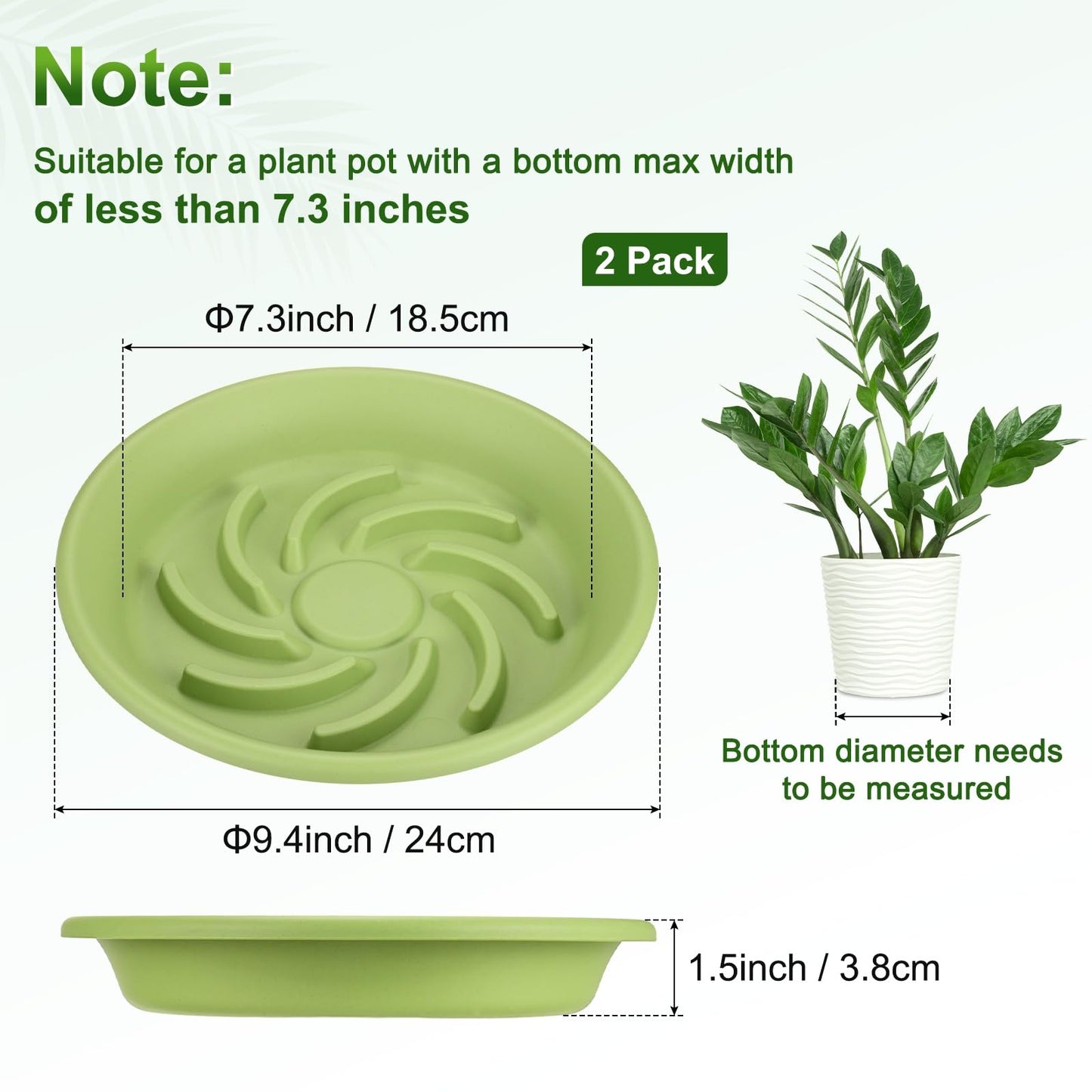M METERXITY 2-Pack Plant Saucers, 7.3 Inch ID Anti-Rot Root Resin Flower Pot Plant Saucers for Indoor/Outdoor, Flowerpot Drip Tray [9.4 Inch OD, Fruit Green]