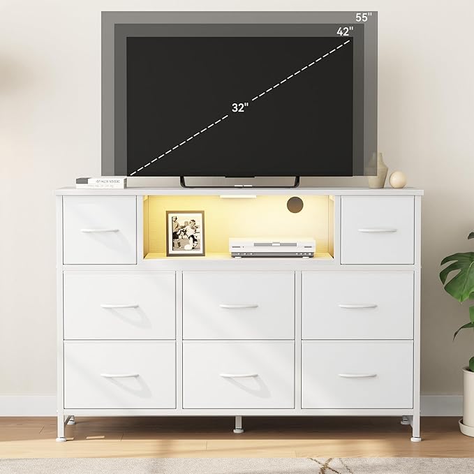 DUMOS TV Stand Dresser with 8 Fabric Drawers and Open Shelves, LED
