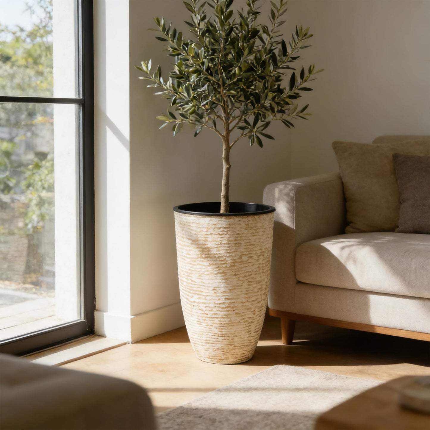 Worth Garden 21" H Beige Tall Planters set of 2 with Inside Pots - 14'' Dia Plastic Large Round Plant Tree Pots with Drain Hole - Decorative Imitation Stone Finish for Indoor Outdoor Front Porch Patio