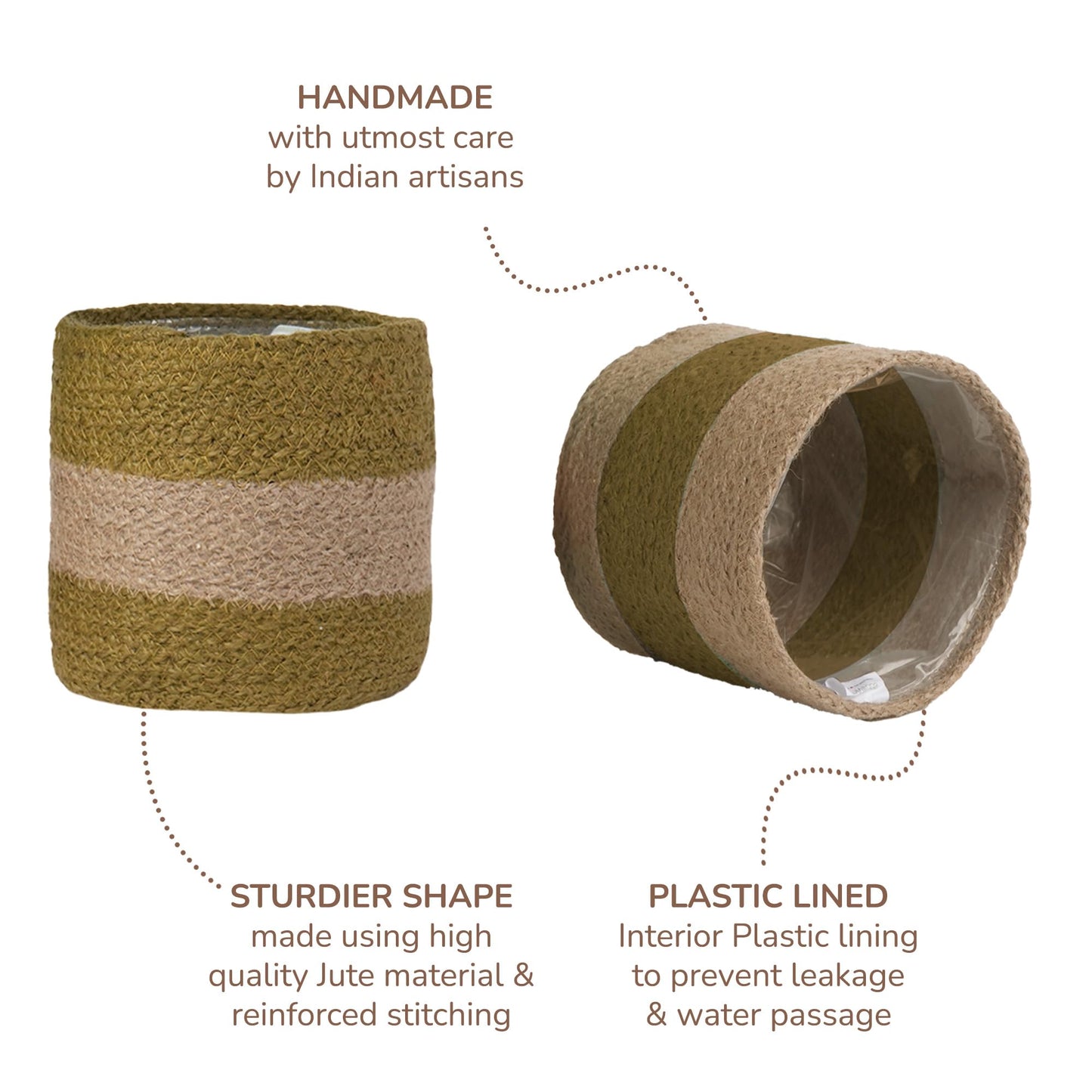 Eco Living Jute Planter Basket-Woven Jute Rope Covers for Decorating Indoor/Outdoor Succulents, Small Plant Pots-Set of 2-Multi-Purpose Storage Bins 4.5 Inches - Modern Style Décor - Olive & Natural