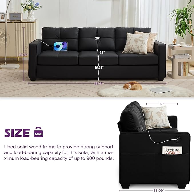 TYBOATLE 88" W Faux Leather Couches w/USB, Tufted Mid-Century Modern Comfy