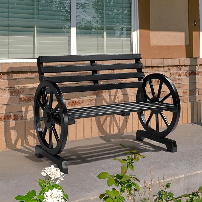 VINGLI Rustic Wooden Wheel Bench Outdoor Bench, Patio Bench Wagon Slatted Seat