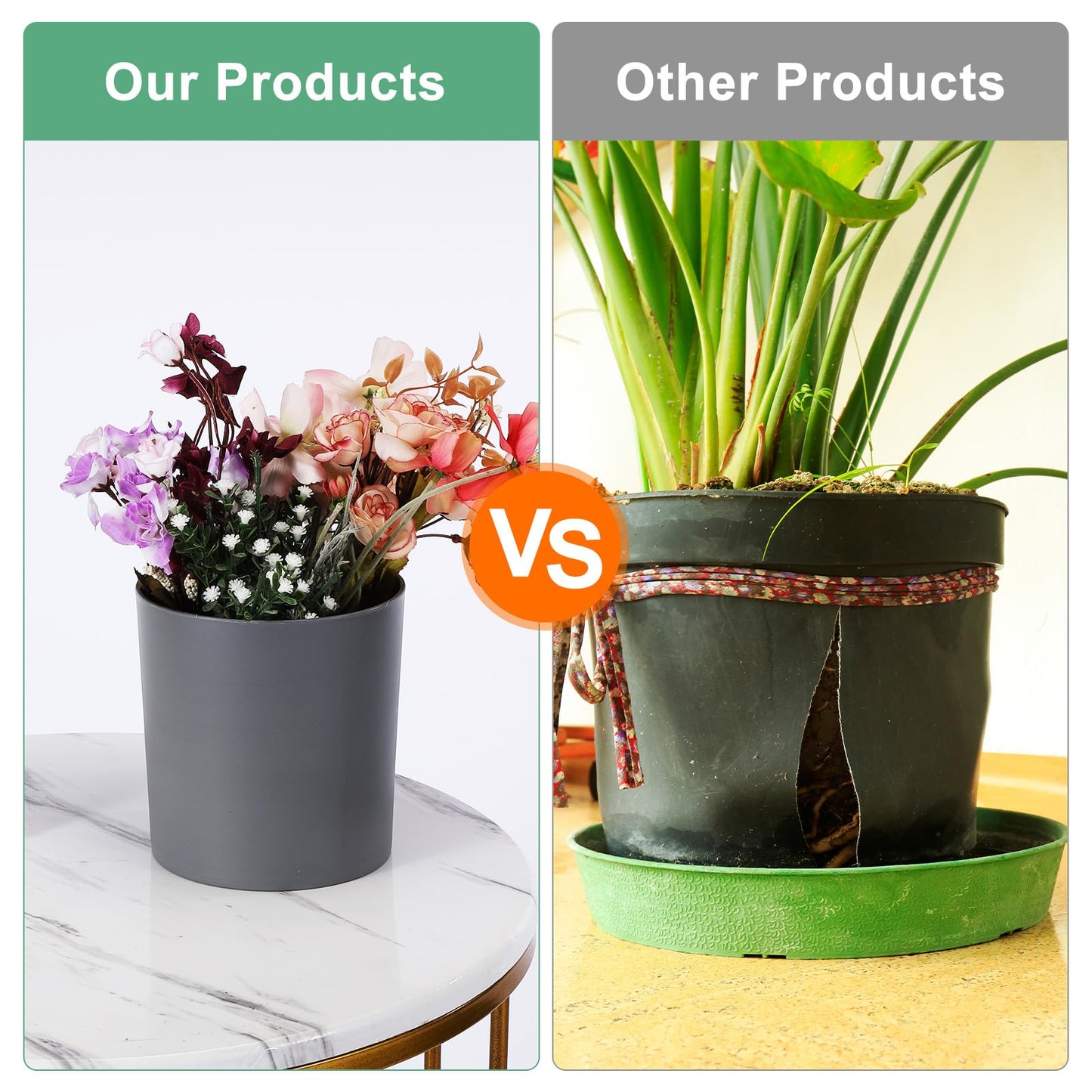 M METERXITY 2-Pack Plastic Plant Pots, 6 Inch Plastic Planters Round Flower Planter Containers Flower Pots for Indoor/Outdoor/Garden, Plant Holder [Gray]